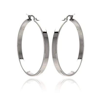 Stainless Steel Rhodium Plated Plain Flat Hoop Earrings