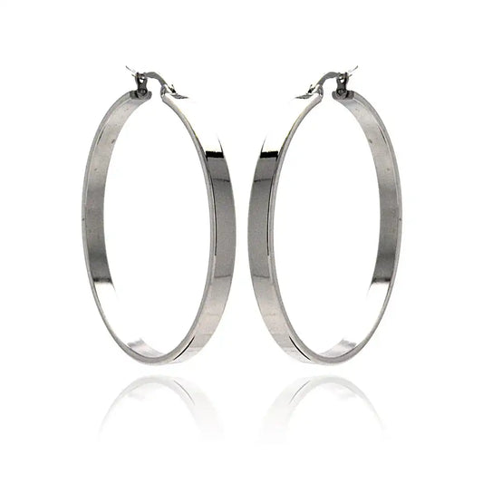 Stainless Steel Rhodium Plated Plain Flat Hoop Earrings