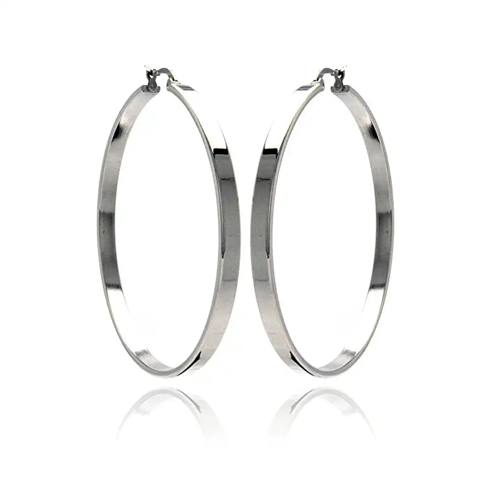Stainless Steel Rhodium Plated Plain Flat Hoop Earrings