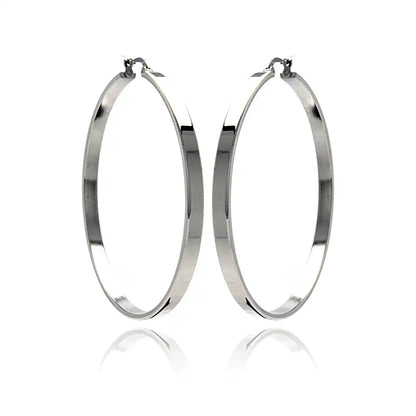 Stainless Steel Rhodium Plated Plain Flat Hoop Earrings