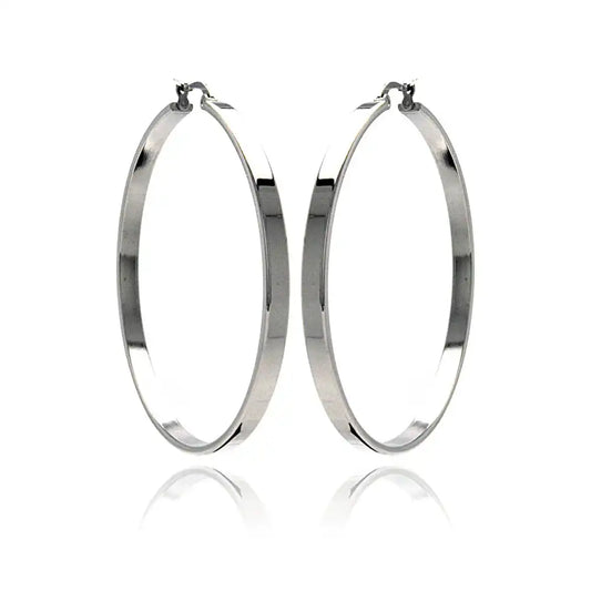 Stainless Steel Rhodium Plated Plain Flat Hoop Earrings
