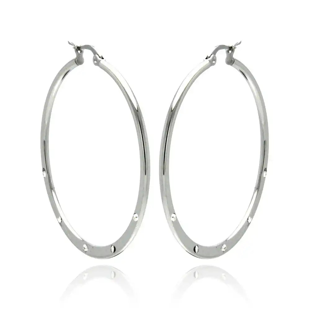 Stainless Steel Rhodium Plated 5 Cubic Zirconia Hoops Earrings