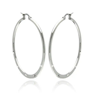Stainless Steel Rhodium Plated 5 Cubic Zirconia Hoops Earrings