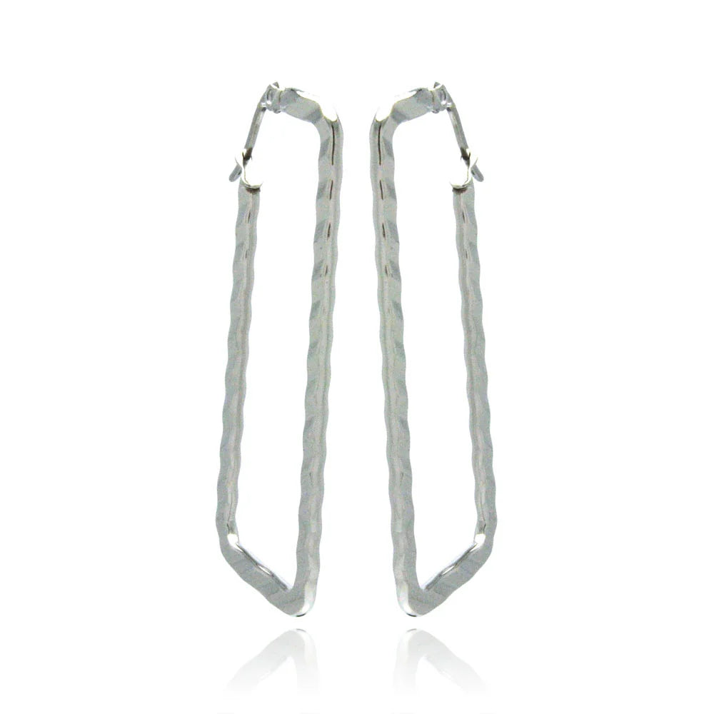 Stainless Steel Rhodium Plated Rectangle Crinkle Hoops Earrings