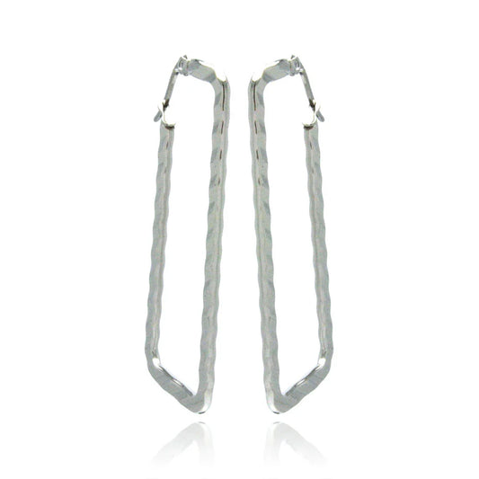 Stainless Steel Rhodium Plated Rectangle Crinkle Hoops Earrings