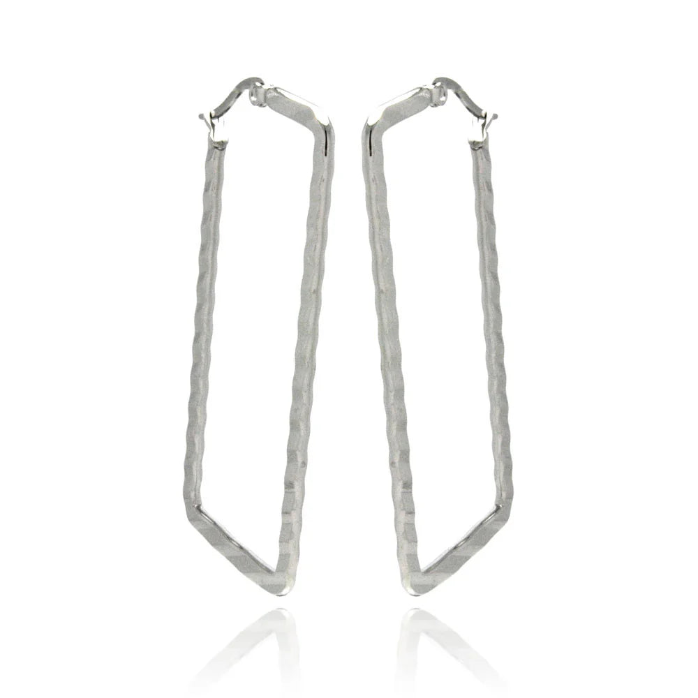 Stainless Steel Rhodium Plated Rectangle Crinkle Hoops Earrings