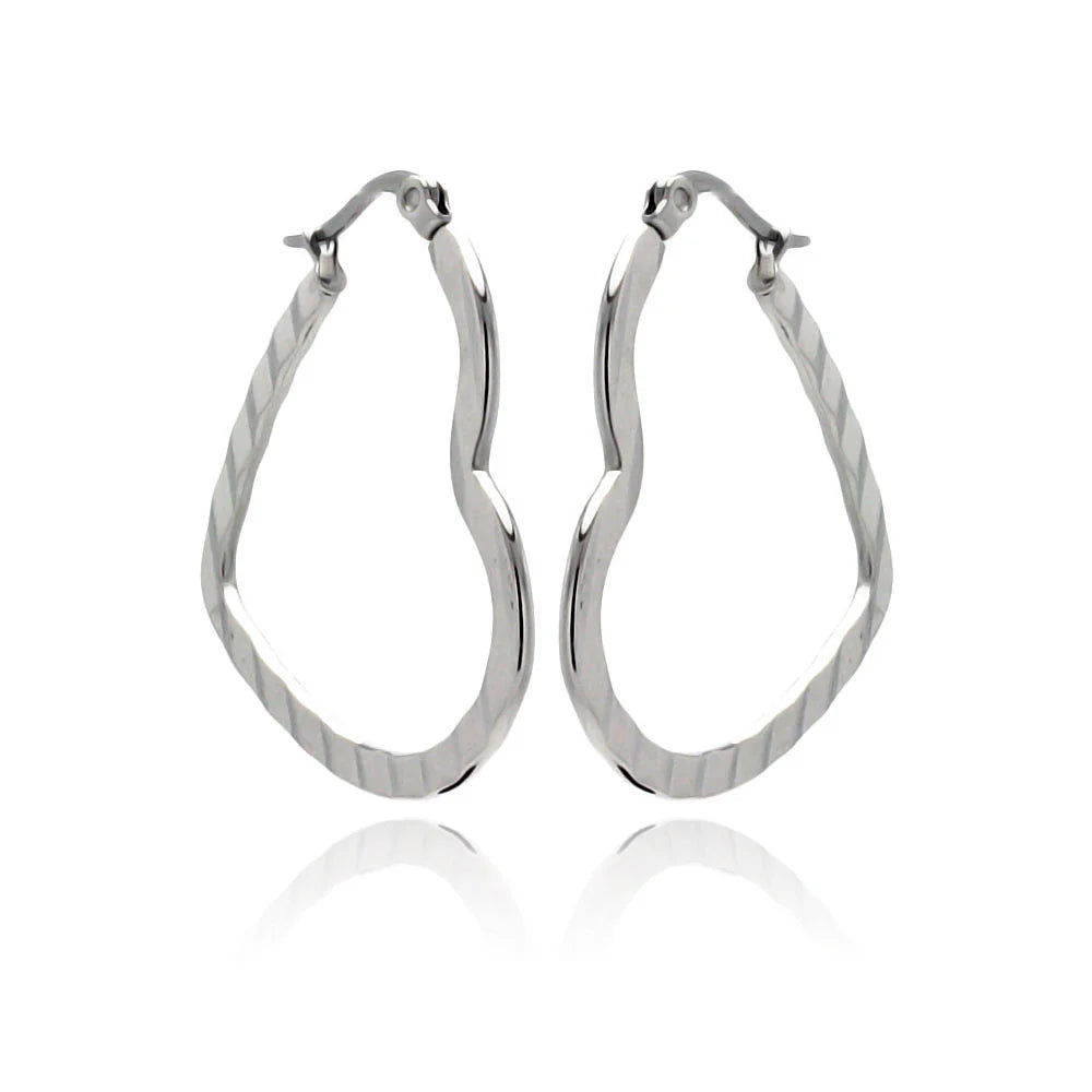 Rhodium Plated Stainless Steel Rectangle Crinkle Heart Hoop Earrings