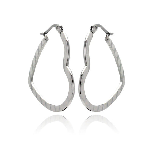 Stainless Steel Rhodium Plated Rectangle Crinkle Heart Hoop Earrings