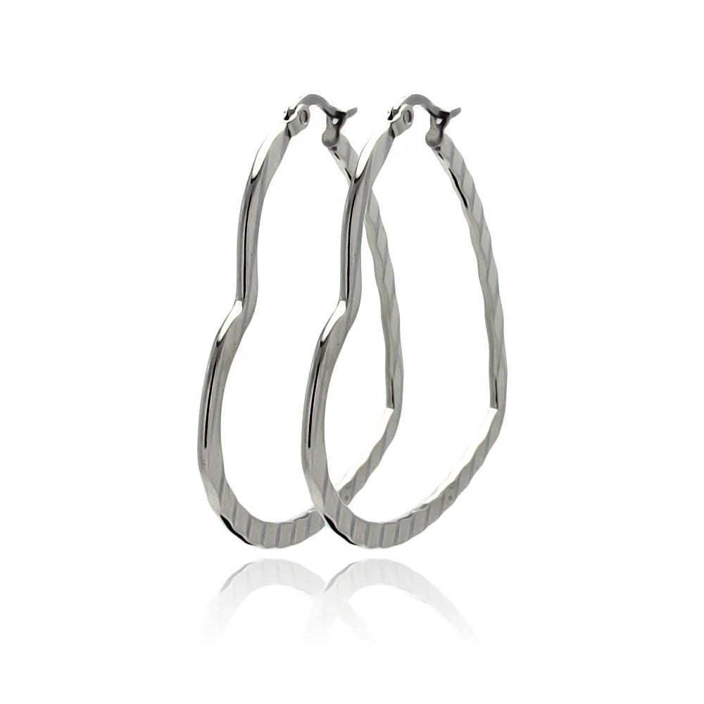 Rhodium Plated Stainless Steel Rectangle Crinkle Heart Hoop Earrings