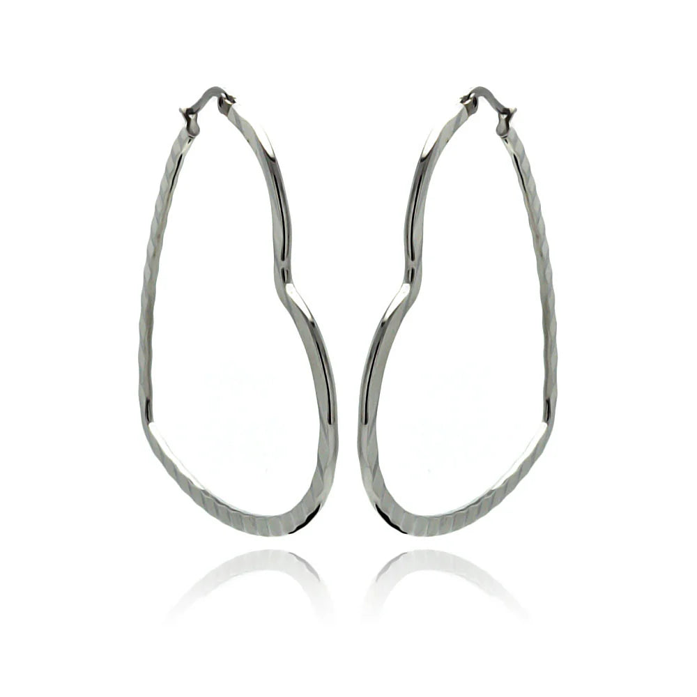 Rhodium Plated Stainless Steel Rectangle Crinkle Heart Hoop Earrings