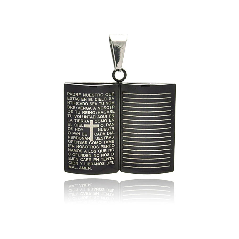 Stainless Steel Black & Rhodium Plated Bible With our Father Prayer Pendant