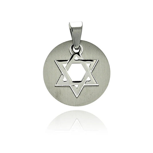 Stainless Steel Rhodium Plated Round Star of David Pendant