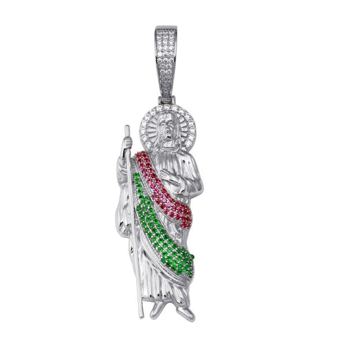 925 Sterling Silver Rhodium Plated Multi Color CZ St Jude Hip Hop Pendant - SLP00342RH