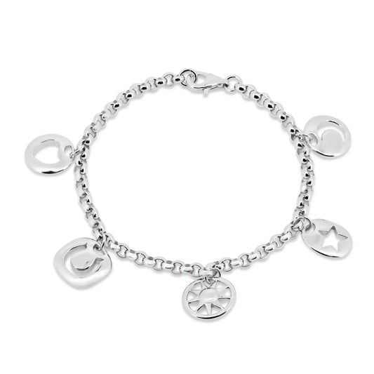 925 Sterling Silver Clearance- Rhodium Plated Multi Charm Dangling Bracelet