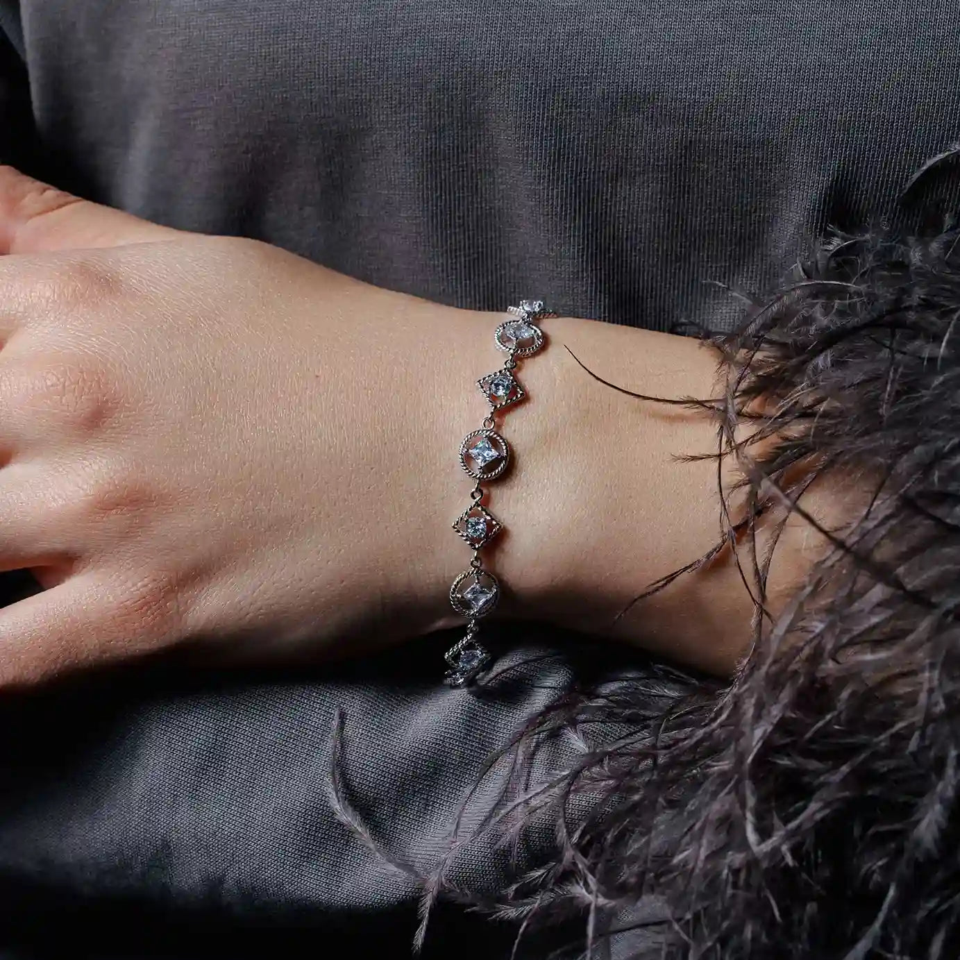 925 Sterling Silver Rhodium Plated Multi Shape Clear CZ Bracelet