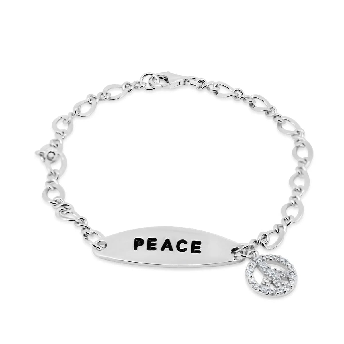 925 Sterling Silver Clearance-Rhodium Plated Peace Charm CZ Bracelet