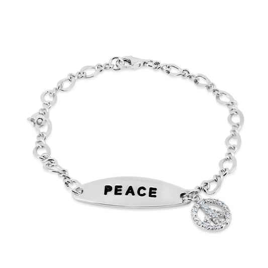 925 Sterling Silver Clearance-Rhodium Plated Peace Charm CZ Bracelet