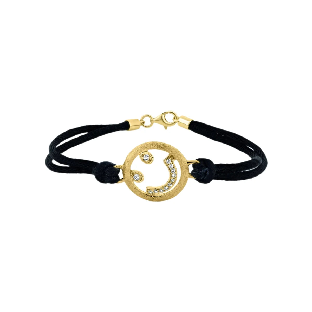 925 Silver Clearance-Gold Plated Happy Face Clear CZ Black Cord Bracelet