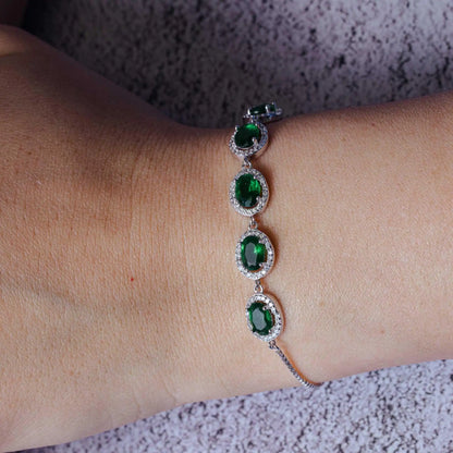 925 Sterling Silver Rhodium Plated 5 Micro Pave Green Oval and Clear Round CZ Lariat Bracelet