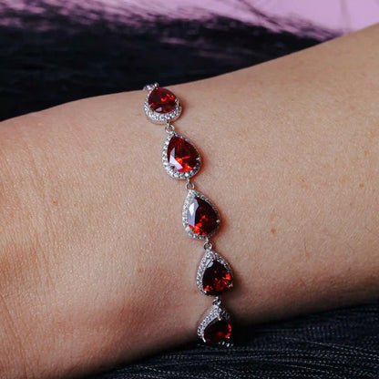 925 Sterling Silver Rhodium Plated 5 Micro Pave Red Pear and Clear Round CZ Lariat Bracelet