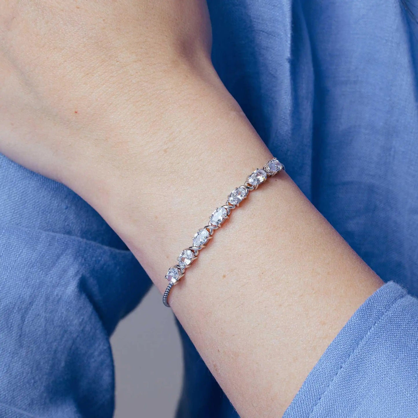 925 Sterling Silver Rhodium Plated CZ Stone Lariat Bracelet