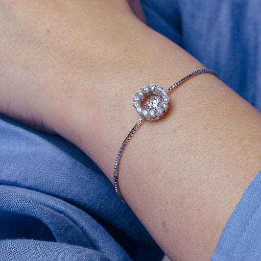 925 Sterling Silver Rhodium Plated Round Dancing CZ Lariat Bracelet