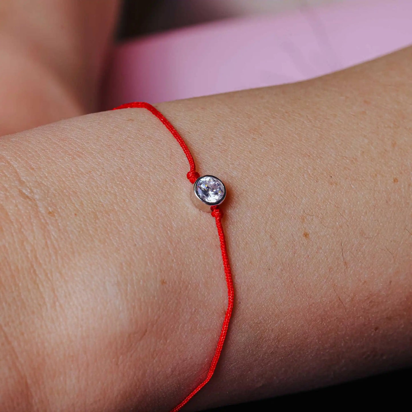 925 Sterling Silver Rhodium Plated Single CZ Red Cord Bracelet