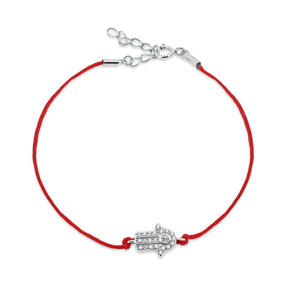 925 Sterling Silver Rhodium Plated Hamsa Hand CZ Red Cord Bracelet
