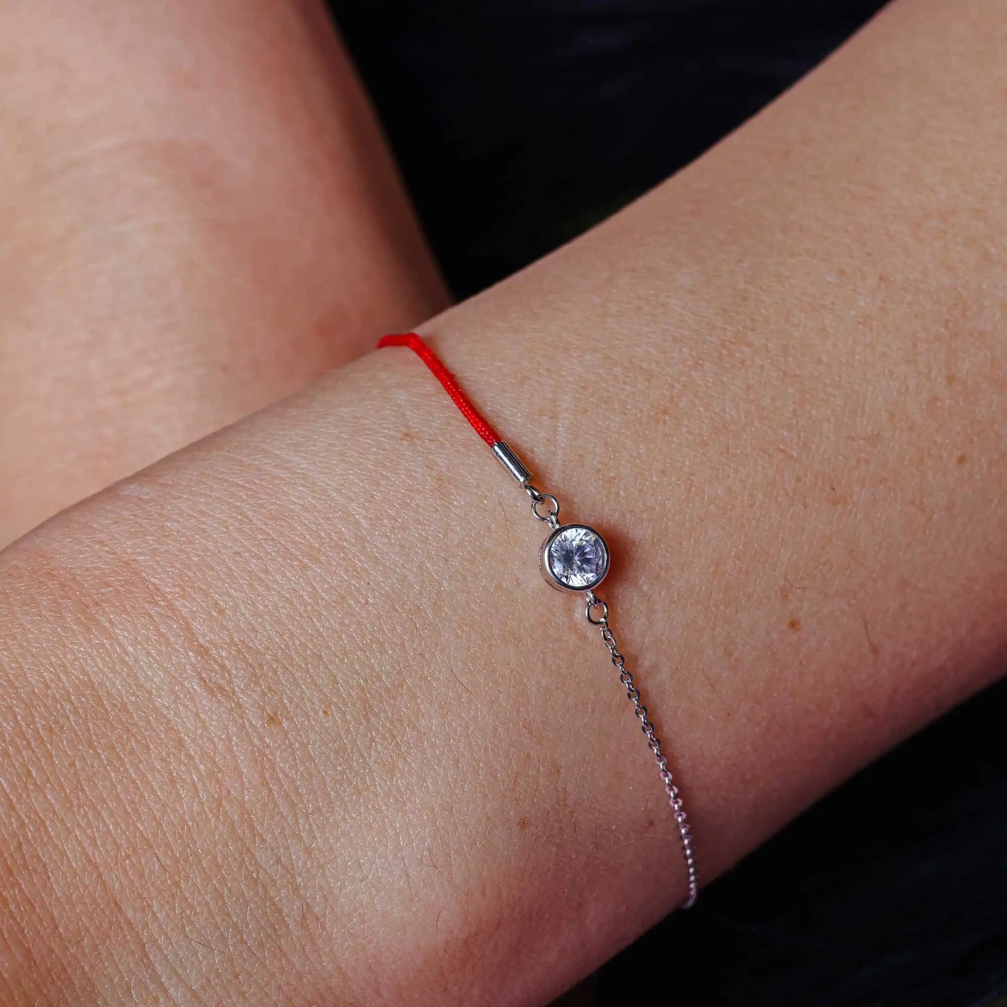 925 Sterling Silver Rhodium Plated Round CZ Red Cord Bracelet