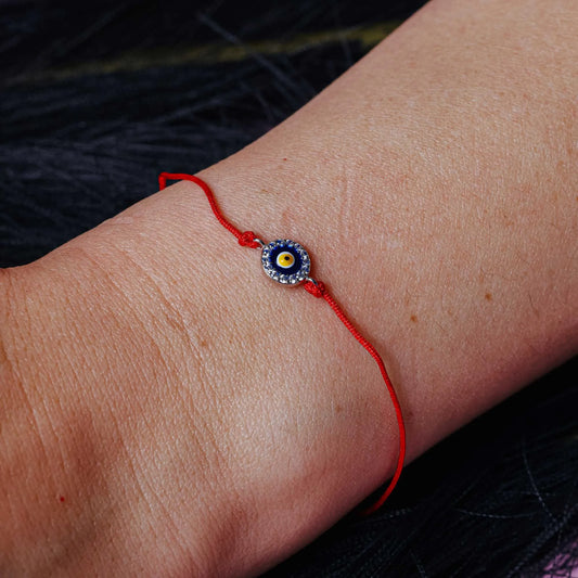 925 Sterling Silver Rhodium Plated Round Evil Eye CZ Red Cord Bracelet
