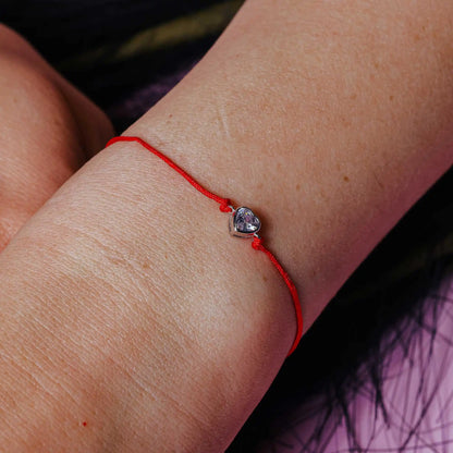 925 Sterling Silver Rhodium Plated Single Heart CZ Red Cord Bracelet