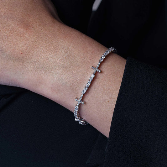 925 Sterling Silver Rhodium Plated 7.6mm Cross Link CZ Tennis Bracelet
