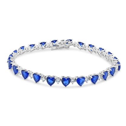 925 Sterling Silver Rhodium Plated Heart Blue CZ 6mm Tennis Bracelet