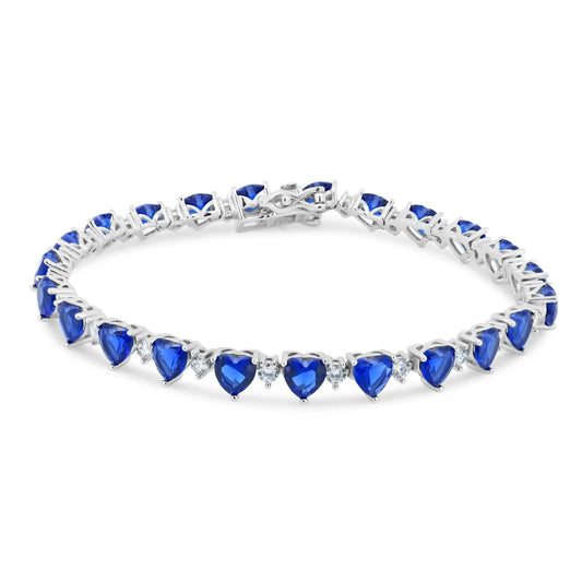 925 Sterling Silver Rhodium Plated Heart Blue CZ 6mm Tennis Bracelet