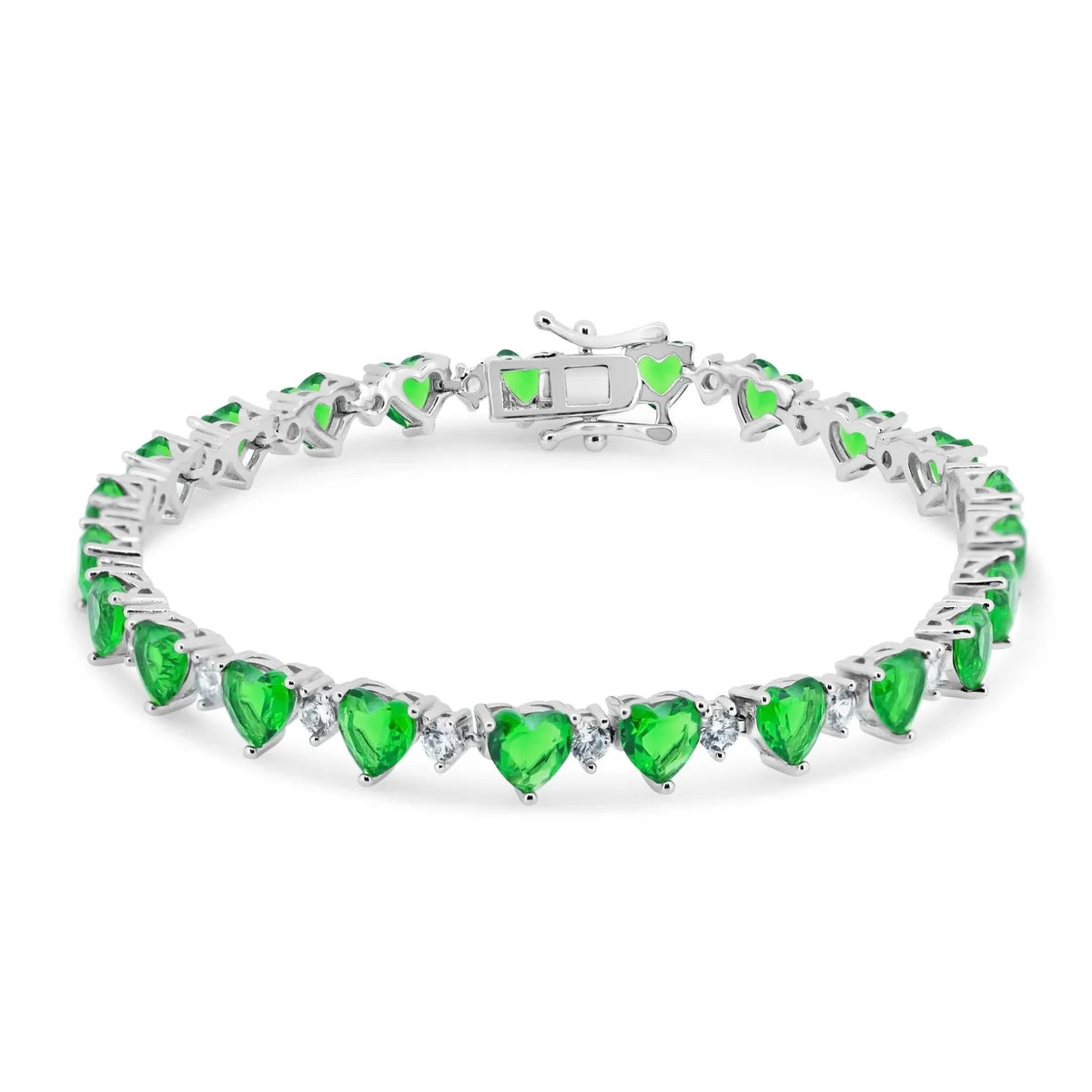 925 Sterling Silver Rhodium Plated Heart Green CZ 6mm Tennis Bracelet