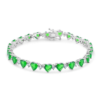 925 Sterling Silver Rhodium Plated Heart Green CZ 6mm Tennis Bracelet
