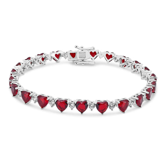 925 Sterling Silver Rhodium Plated Heart Red CZ 6mm Tennis Bracelet