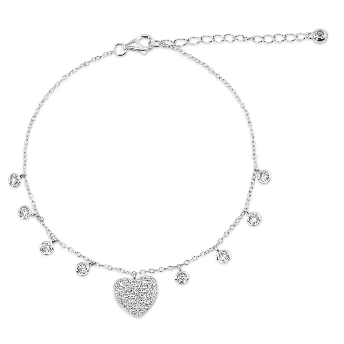 925 Sterling Silver Rhodium Plated Heart and Round Dangling Charm Bracelet