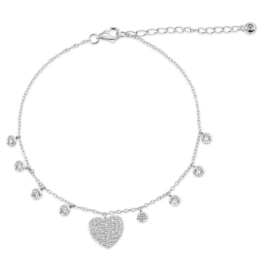 925 Sterling Silver Rhodium Plated Heart and Round Dangling Charm Bracelet