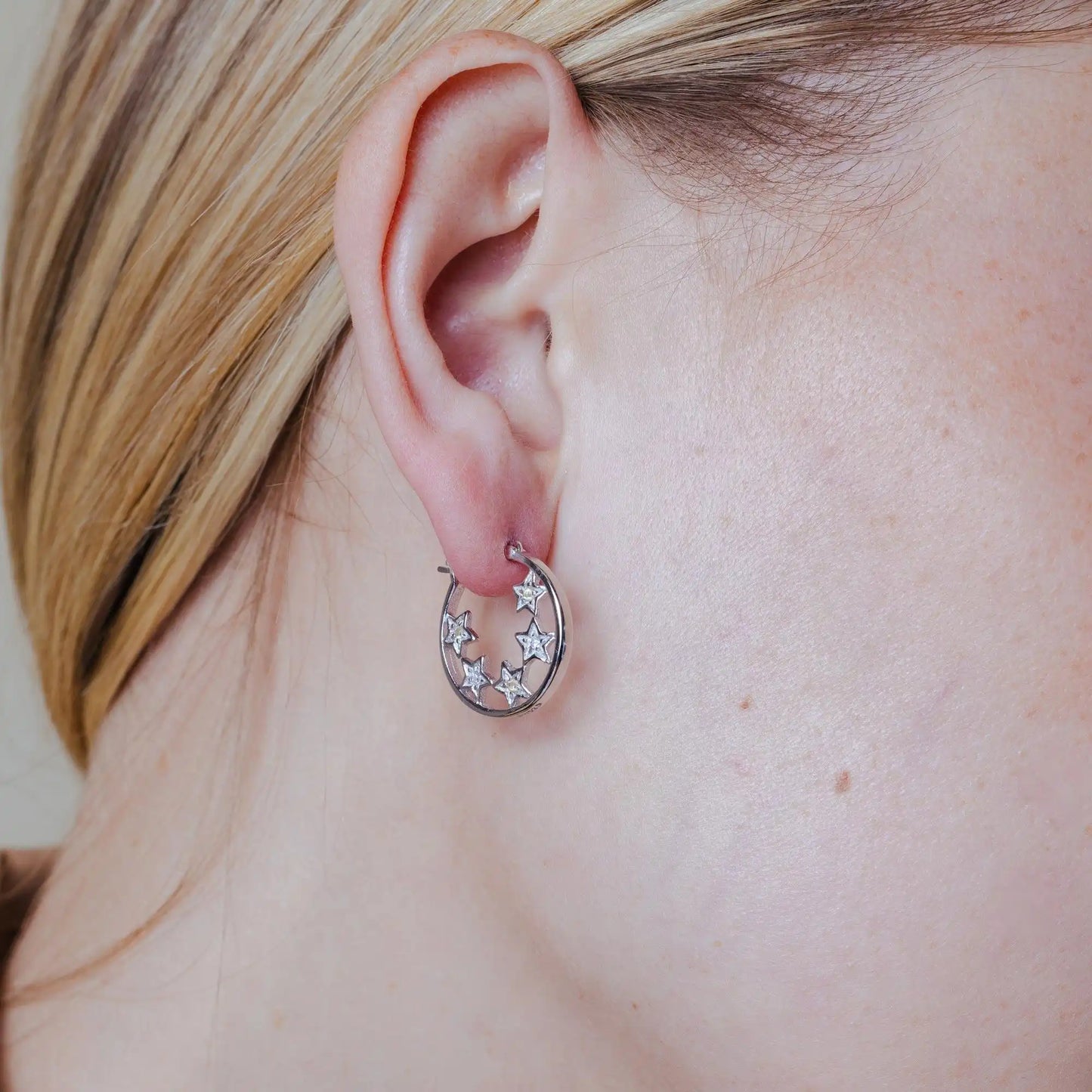 925 Sterling Silver Rhodium Plated CZ Hoop Star Earrings