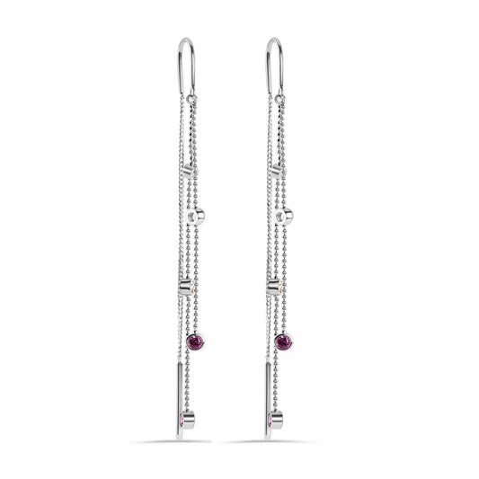 925 Sterling Silver Rhodium Plated Three Strand Round Multi Color CZ Threader Earring