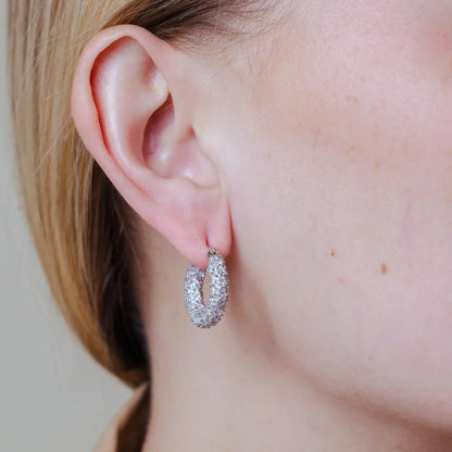 925 Sterling Silver Rhodium Plated Rift Cluster CZ Hoop Earrings