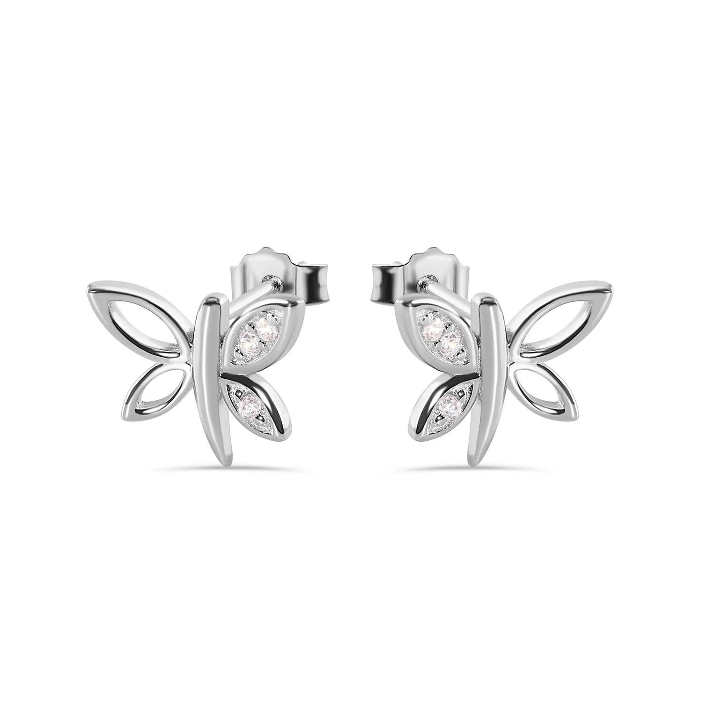 925 Sterling Silver  Rhodium Plated Dragonfly Butterfly CZ Stud Earrings