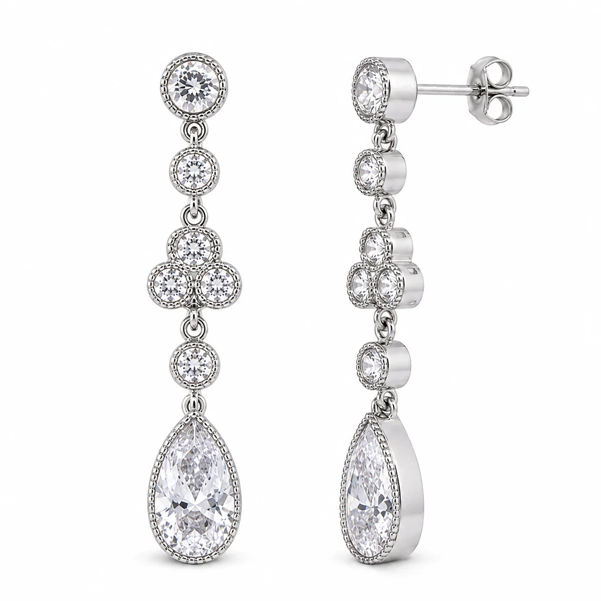 925 Silver Rhodium Plated Teardrop CZ Wire Dangling Stud Earrings