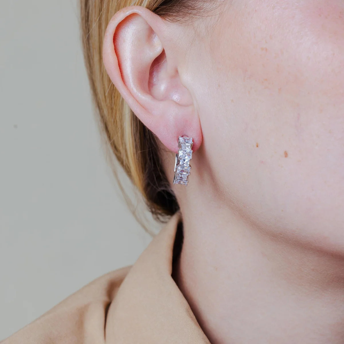 925 Silver Rhodium Plated Clear Baguette CZ Hoop Earrings
