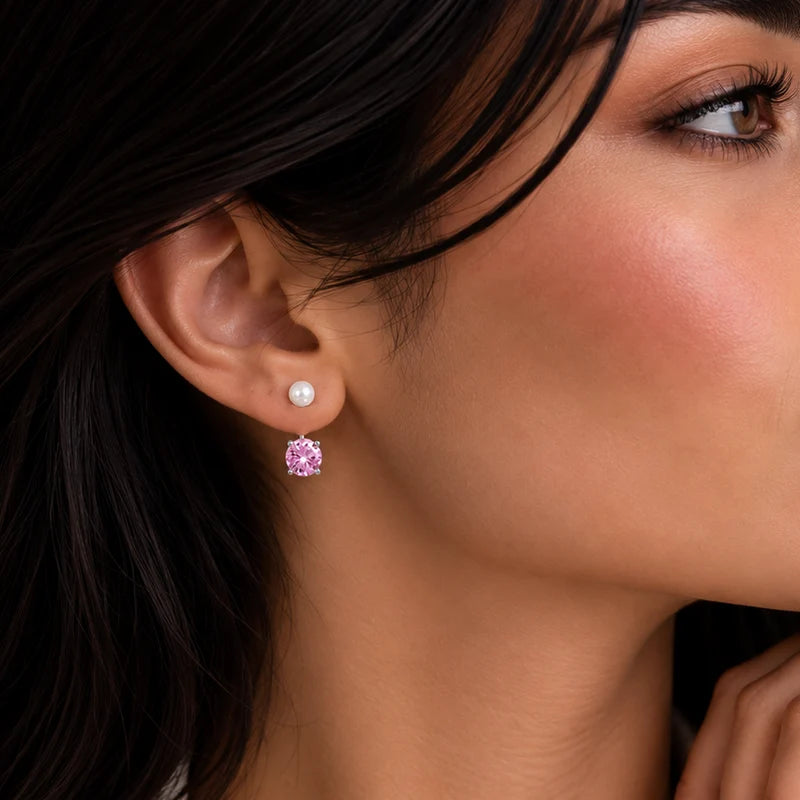 925 Sterling Silver Rhodium Plated Faux Pearl & Birthstone CZ Front and Back Earring Jacket