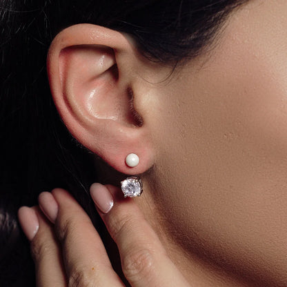 925 Sterling Silver Rhodium Plated Faux Pearl & Birthstone CZ Front and Back Earring Jacket