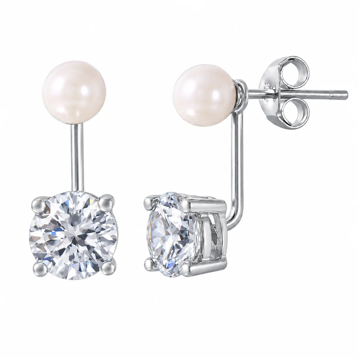 925 Sterling Silver Rhodium Plated Faux Pearl & Birthstone CZ Front and Back Earring Jacket