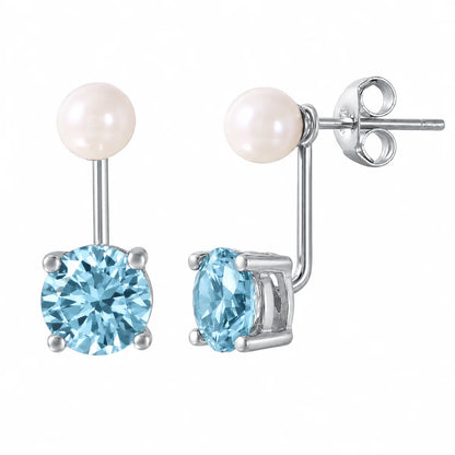 925 Sterling Silver Rhodium Plated Faux Pearl & Birthstone CZ Front and Back Earring Jacket