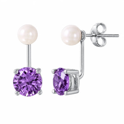 925 Sterling Silver Rhodium Plated Faux Pearl & Birthstone CZ Front and Back Earring Jacket